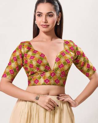 women's position-print padded back-open elbow-length-sleeves saree blouse 1
