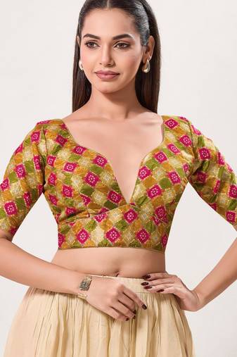 women's position-print padded back-open elbow-length-sleeves saree blouse