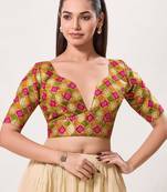 women's position-print padded back-open elbow-length-sleeves saree blouse