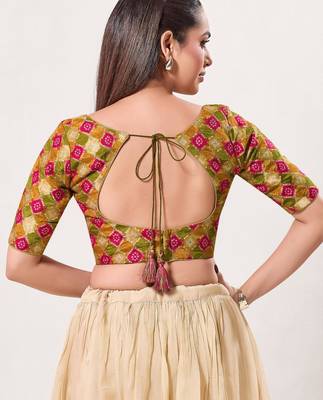 women's position-print padded back-open elbow-length-sleeves saree blouse 2