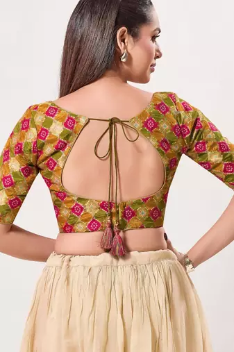 women's position-print padded back-open elbow-length-sleeves saree blouse
