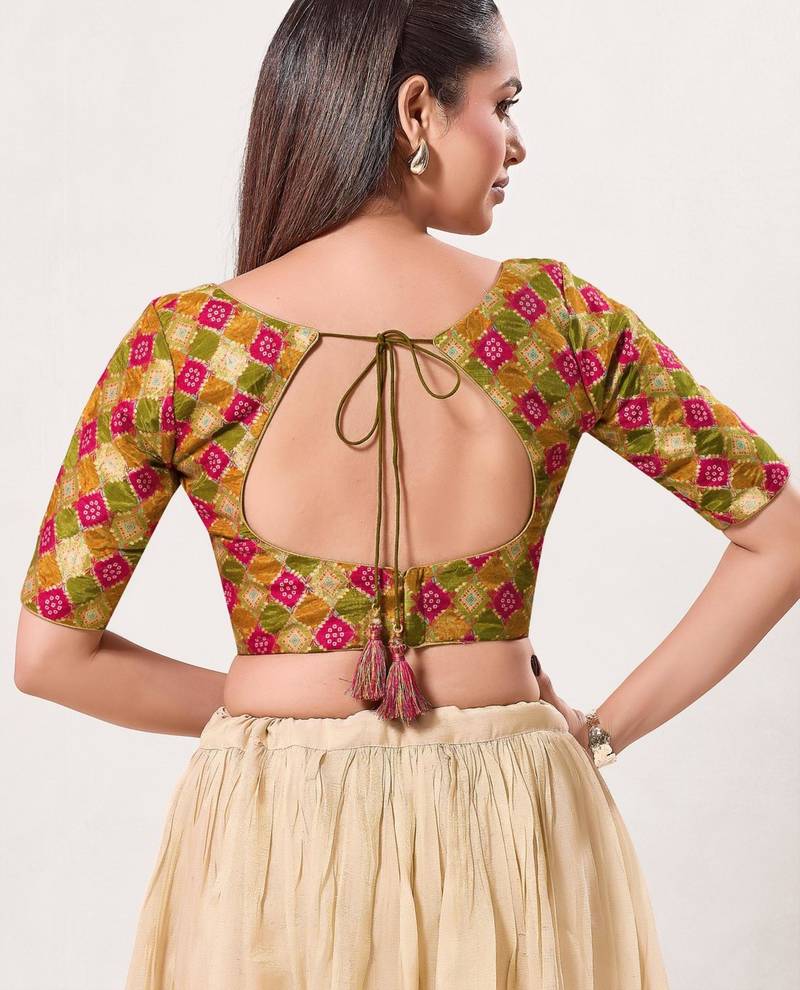 women's position-print padded back-open elbow-length-sleeves saree blouse