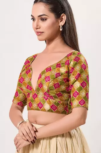 women's position-print padded back-open elbow-length-sleeves saree blouse