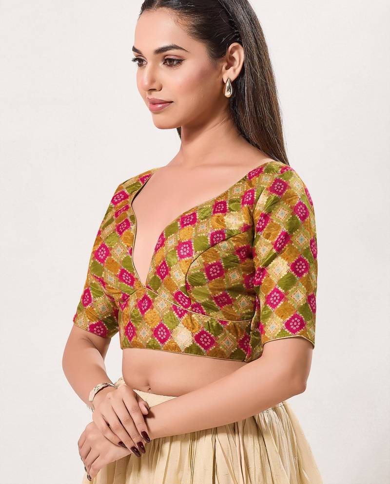 women's position-print padded back-open elbow-length-sleeves saree blouse