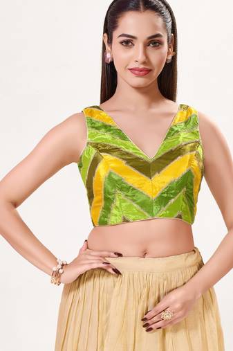 women's position-print padded back-open sleeveless saree blouse