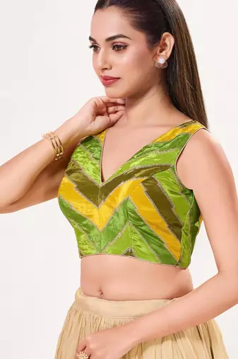 women's position-print padded back-open sleeveless saree blouse
