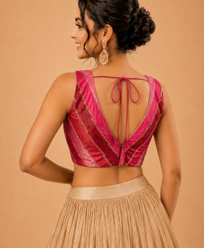 women's position-print padded back-open sleeveless saree blouse