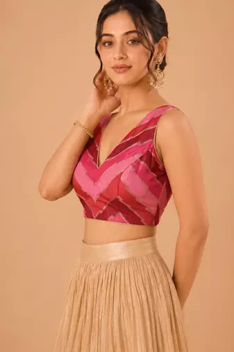 women's position-print padded back-open sleeveless saree blouse