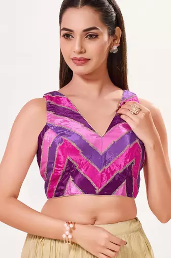 women's position-print padded back-open sleeveless saree blouse
