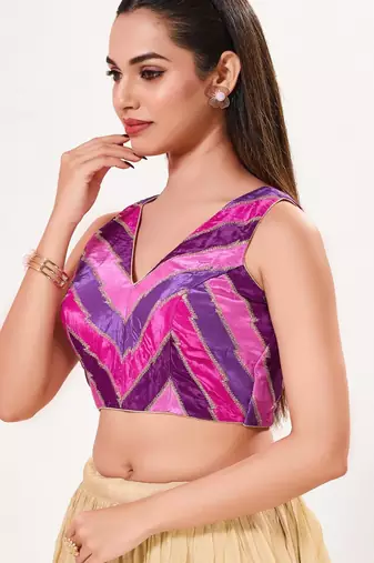 women's position-print padded back-open sleeveless saree blouse