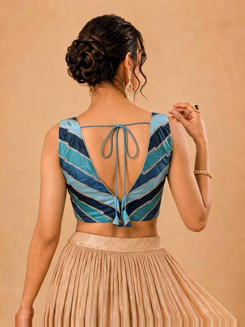 women's position-print padded back-open sleeveless saree blouse