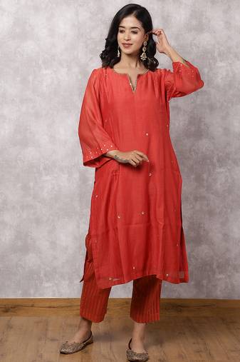 Red chanderi sequin highlight kurta set