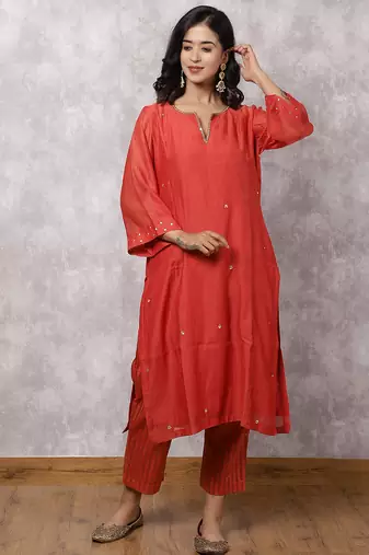 Red chanderi sequin highlight kurta set