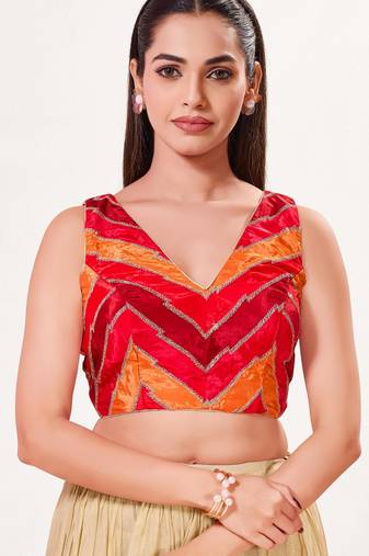 women's position-print padded back-open sleeveless saree blouse