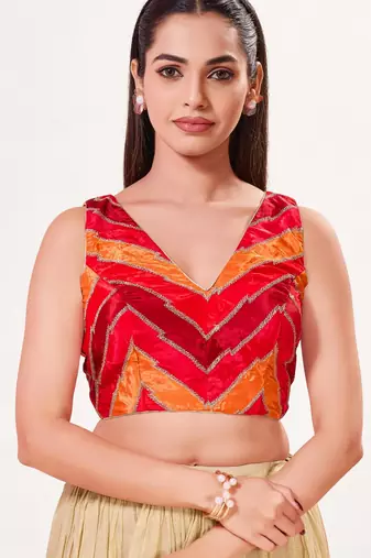women's position-print padded back-open sleeveless saree blouse