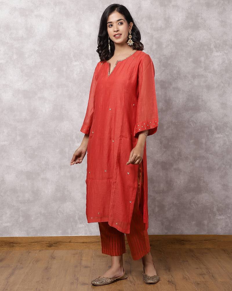 Red chanderi sequin highlight kurta set