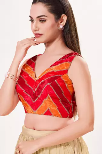 women's position-print padded back-open sleeveless saree blouse