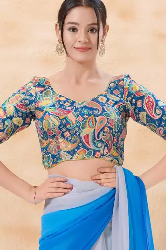 women's position-print padded back-open elbow-sleeves saree blouse