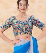 women's position-print padded back-open elbow-sleeves saree blouse