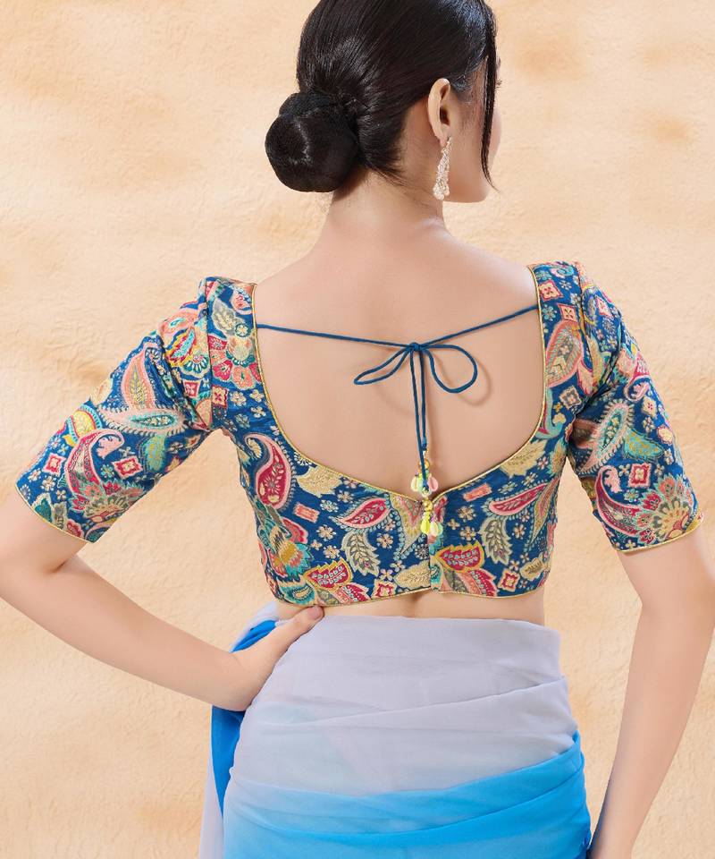 women's position-print padded back-open elbow-sleeves saree blouse