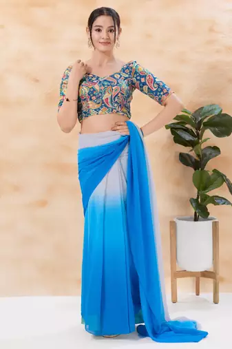 women's position-print padded back-open elbow-sleeves saree blouse