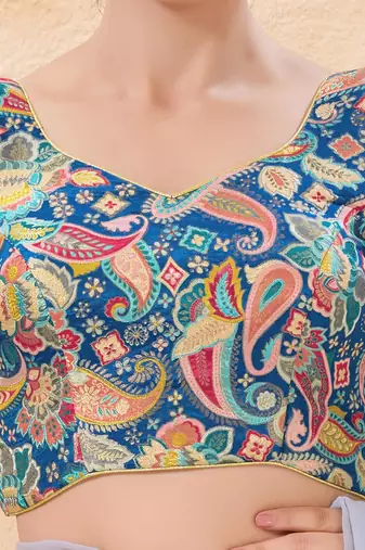 women's position-print padded back-open elbow-sleeves saree blouse