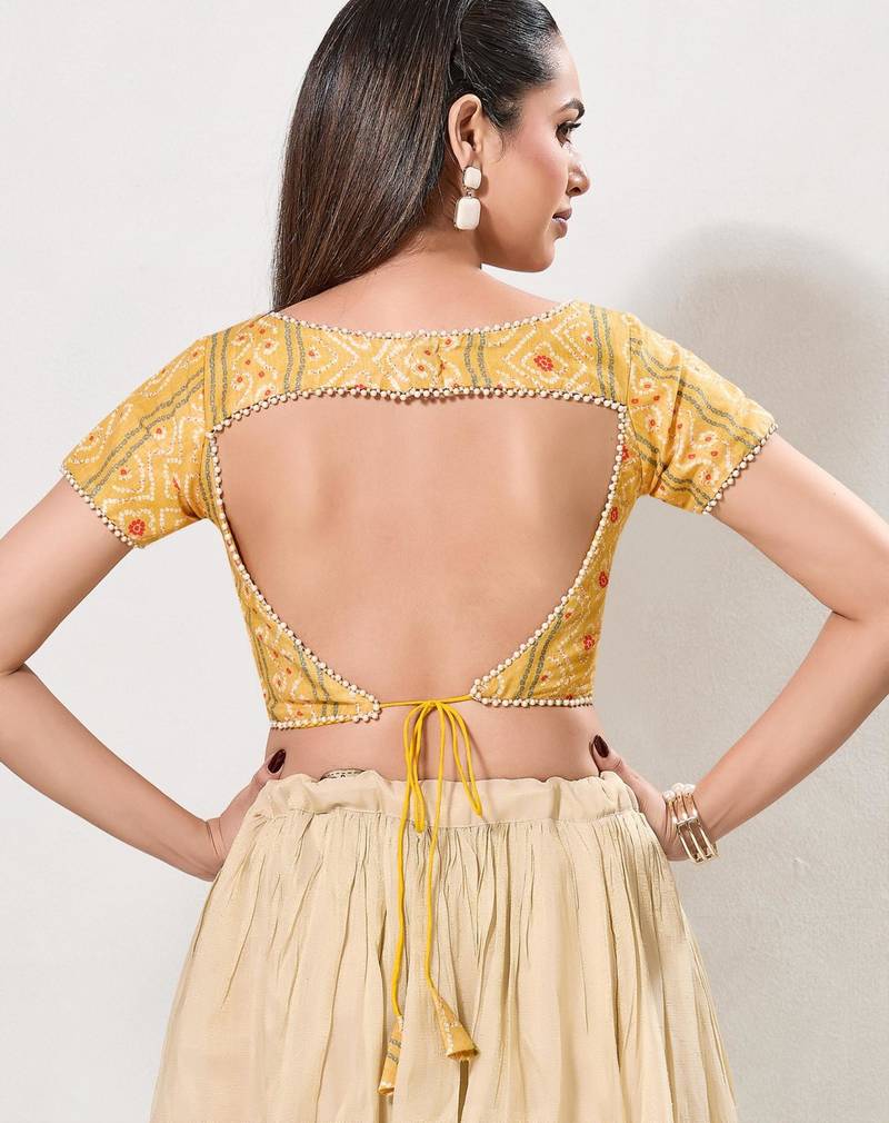 women's bandhani-print padded back-open half-sleeves saree blouse