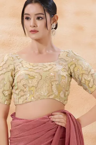 women's moti-work padded back-open elbow-sleeves saree blouse