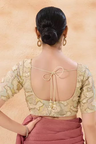 women's moti-work padded back-open elbow-sleeves saree blouse