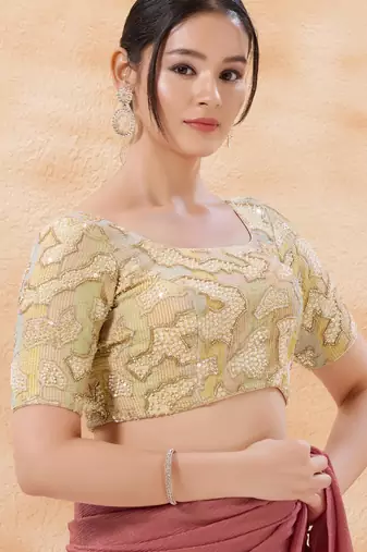 women's moti-work padded back-open elbow-sleeves saree blouse