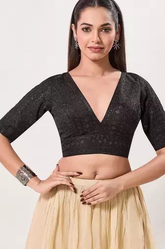 women's tissue padded back open elbow-sleeves saree blouse