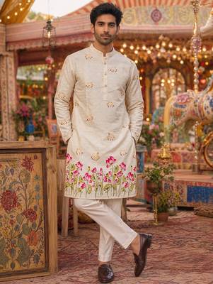 Multicolor men's carnival special cotton digital print crochet sequins kurta with bottom set 1