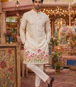 Multicolor men's carnival special cotton digital print crochet sequins kurta with bottom set