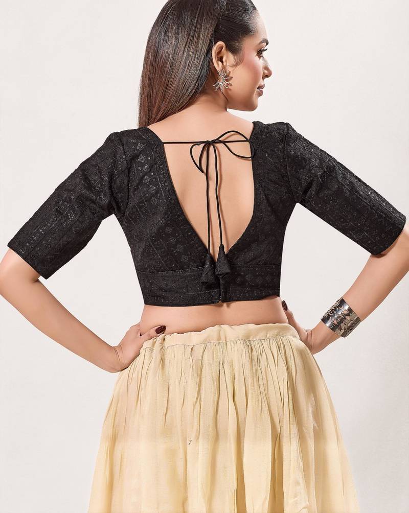 women's tissue padded back open elbow-sleeves saree blouse