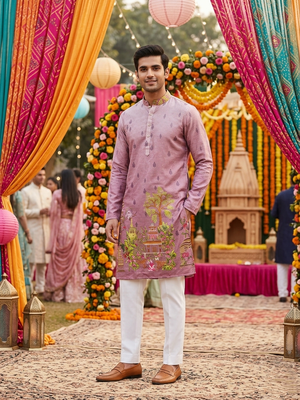Multicolor men's carnival special cotton digital print crochet sequins kurta with bottom set 1