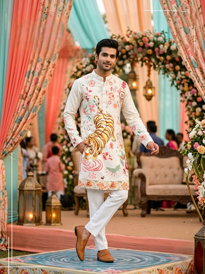 Multicolor men's carnival special cotton digital print crochet sequins kurta with bottom set 1