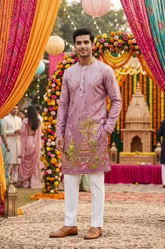Multicolor carnival special cotton heavy crochet sequins digital printed men's kurta