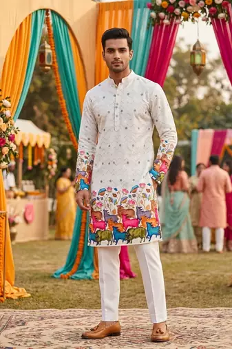 Multicolor men's carnival special cotton digital print crochet sequins kurta with bottom set