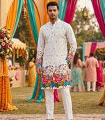 Multicolor men's carnival special cotton digital print crochet sequins kurta with bottom set