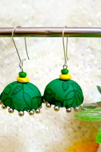 green fabric traditional jhumka earrings