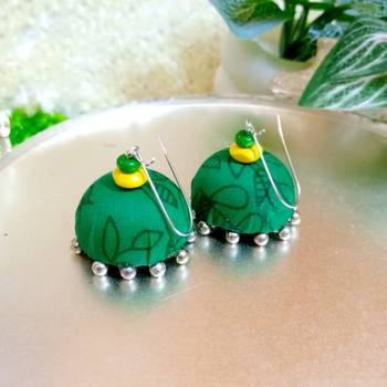 green fabric traditional jhumka earrings 2