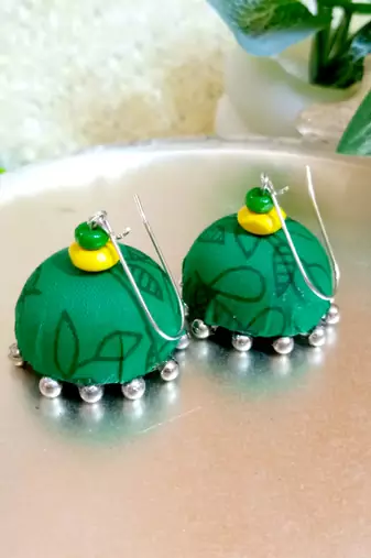 green fabric traditional jhumka earrings