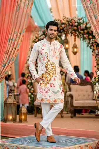 Multicolor carnival special cotton heavy crochet sequins digital printed men's kurta