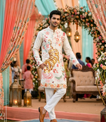 Multicolor carnival special cotton heavy crochet sequins digital printed men's kurta