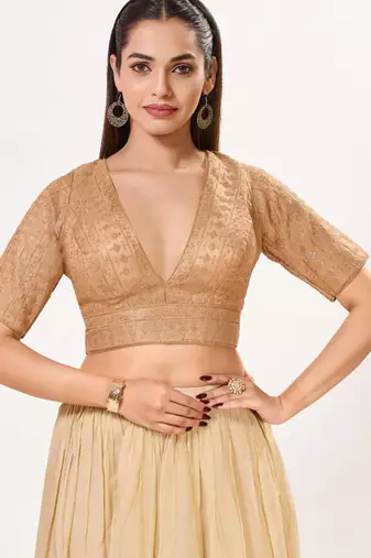 women's tissue padded back open elbow-sleeves saree blouse