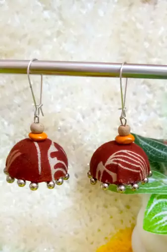 brown fabric traditional jhumka earrings