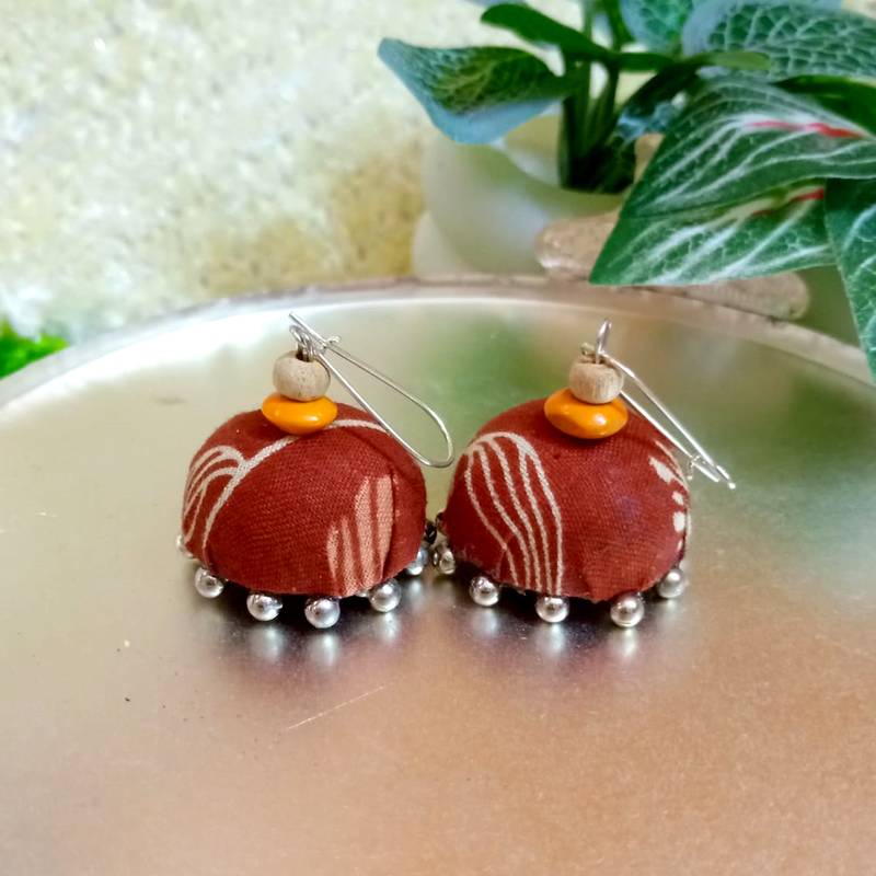 brown fabric traditional jhumka earrings