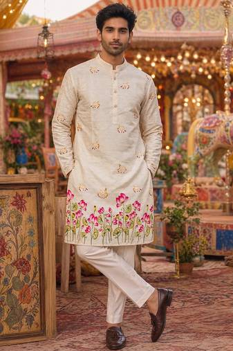 Multicolor carnival special cotton heavy crochet sequins digital printed men's kurta