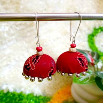 red fabric traditional jhumka earrings 1