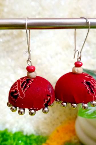 red fabric traditional jhumka earrings